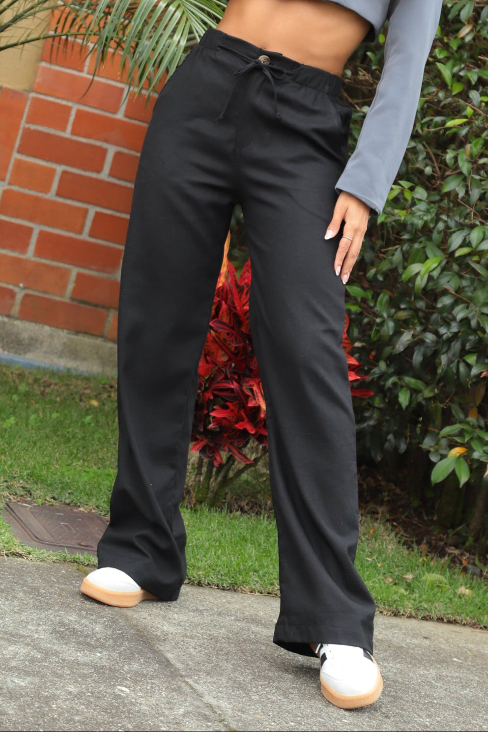PANTALÓN DAMA LINO RÍGIDO TIRO ALTO, COLOR NEGRO, MODA COLOMBIANA – REF 9783