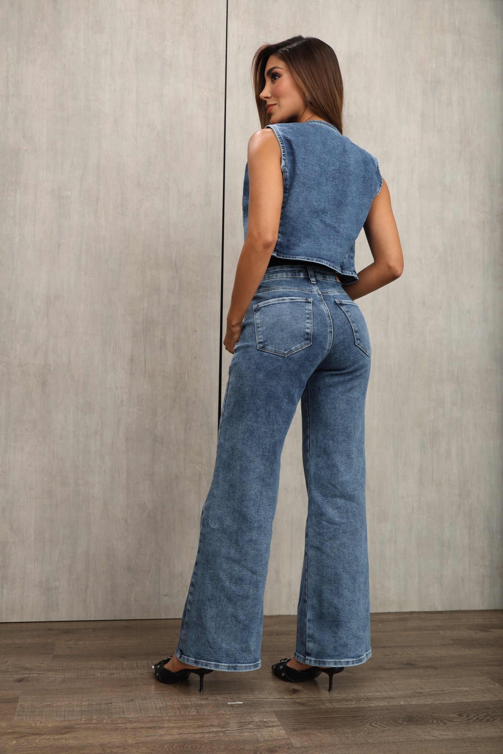 CONJUNTO DAMA – CHALECO + PALAZZO – DENIM – MODA COLOMBIANA – REF: 9823