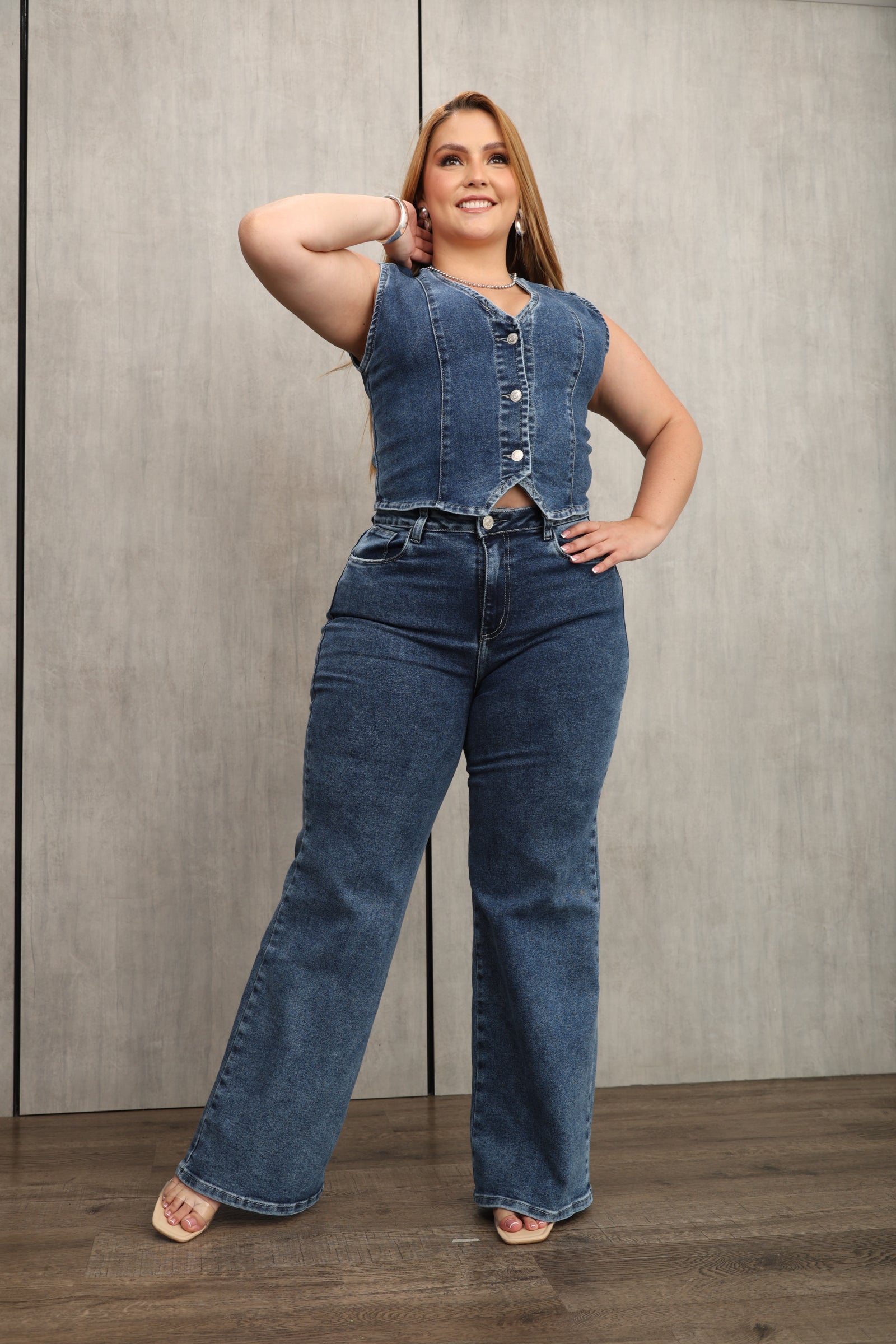 CONJUNTO DAMA – CHALECO + PALAZZO – DENIM – MODA COLOMBIANA – REF: 9823 PL